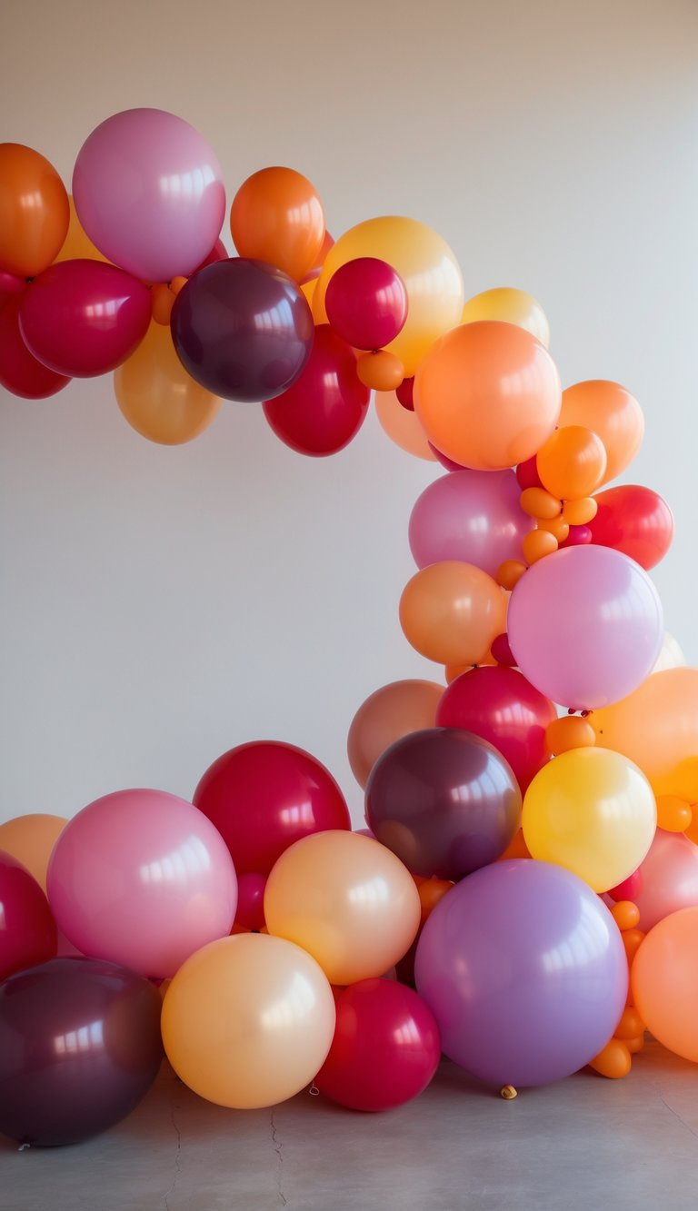 A colorful balloon garland with 15 balloons arranged in a gradient of sunset colors including red, orange, pink, purple, and yellow.